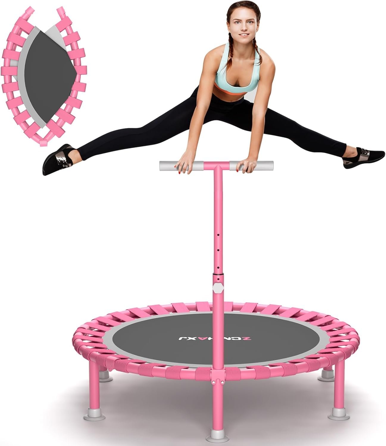 61P7OGksaaL._AC_SL1500_.jpg Foldable Mini Trampoline, 40" Rebounder Trampoline for Adults & Kids, 450lbs Capacity with T-Shaped Adjustable Bar, Indoor Fitness Workout Exercise Equipment - Image 1