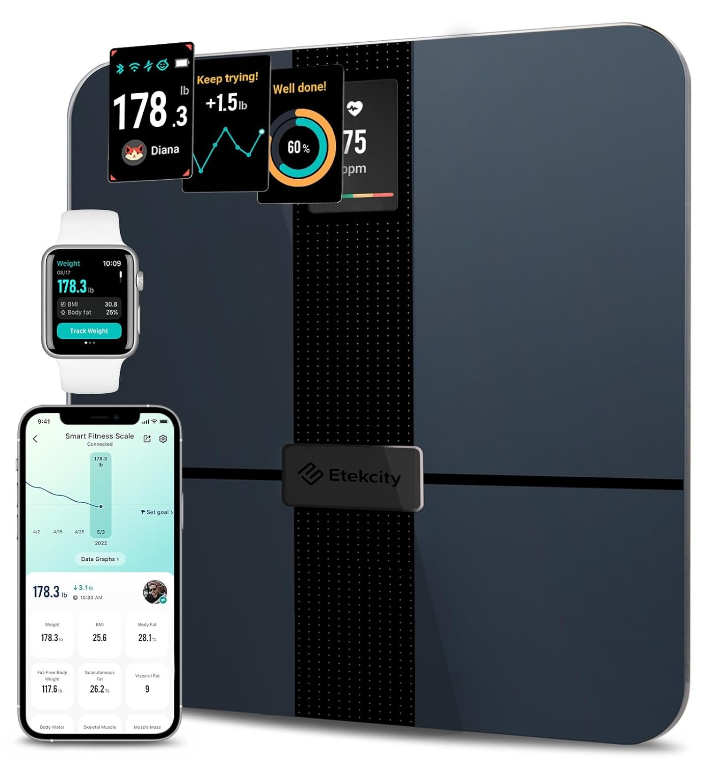 61yyCubdeaL._SL1500_.jpg Etekcity Smart Scale for Body Weight Fat, FSA HSA Eligible, Digital Bathroom Weighing Machine for Accurate BMI Muscle Mass Composition, Home Use Apple Health Compatible Fitness Equipment - Image 1
