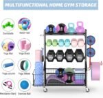 PLKOW Dumbbell Rack, Weight Rack for Dumbbells, Home Gym Storage for Dumbbells Kettlebells Yoga Mat and Balls, All in One Workout Storage with Wheels and Hooks, Powder Coated Finish Steel - Image 7