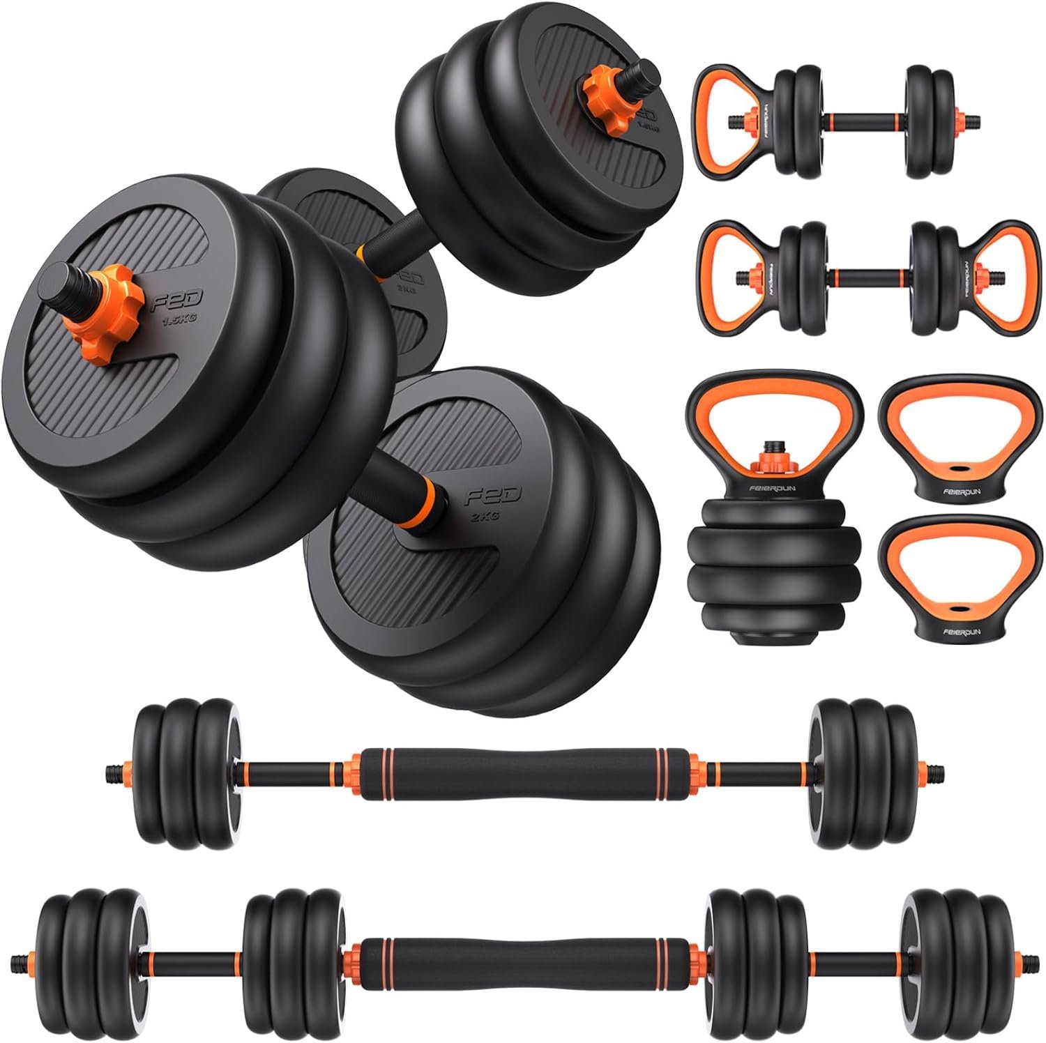 71BE37ZZfLL._AC_SL1500_.jpg FEIERDUN Adjustable Dumbbells, 20/30/40/45/70/90lbs Free Weight Set with Connector, 5 in1 Dumbbells Set Used as Barbell, Kettlebells, Push up Stand, Weight Plate, Fitness Exercises for Home Gym Suitable Men/Women - Image 1