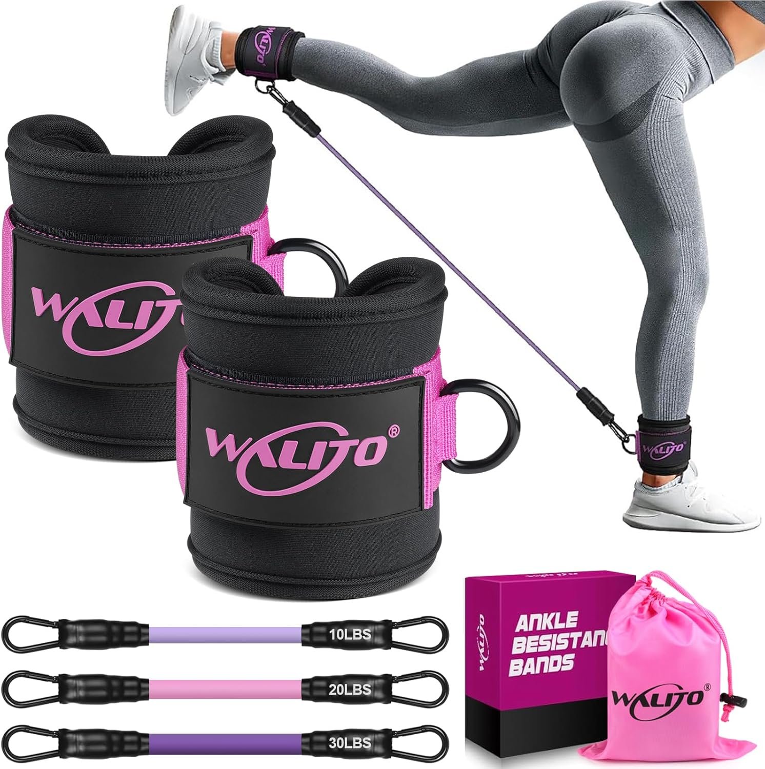 71JQxsKT58L._AC_SL1500_.jpg WALITO Ankle Resistance Bands with Cuffs, Exercise Bands for Legs and Butt, Booty Workout Equipment for Kickbacks and Hip Fitness Training - Image 1