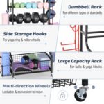 PLKOW Dumbbell Rack, Weight Rack for Dumbbells, Home Gym Storage for Dumbbells Kettlebells Yoga Mat and Balls, All in One Workout Storage with Wheels and Hooks, Powder Coated Finish Steel - Image 5