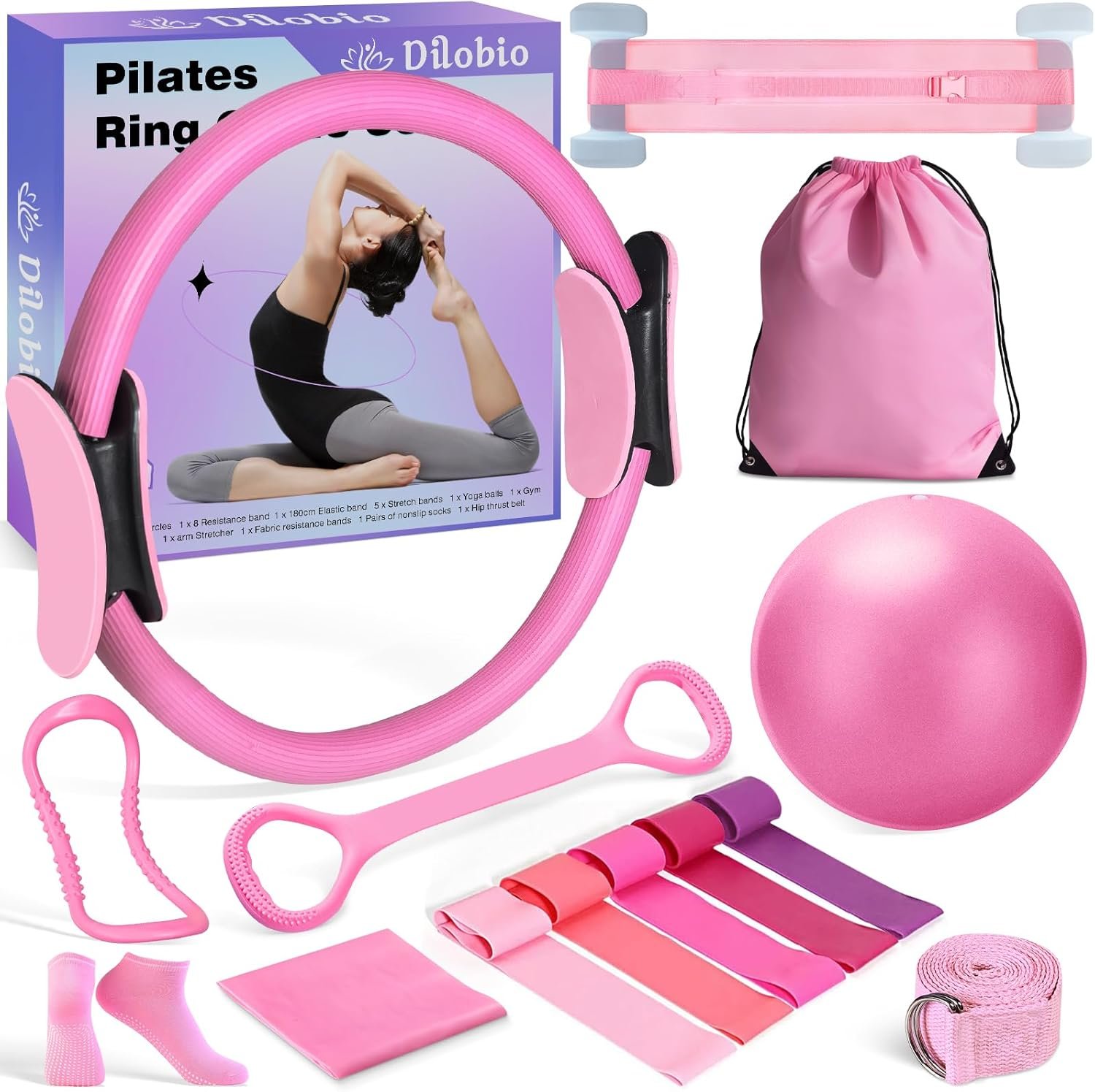 71QLaqWd0BL._AC_SL1500_.jpg Pilates Ring Essentials Kit for Women, Workout Equipment Set for Home with 12'' Magic Circle, Mini Ball, Resistance Bands, Hip Thrust Belt, Accessories, Pilates Set for Legs Arms and Thighs - Image 1