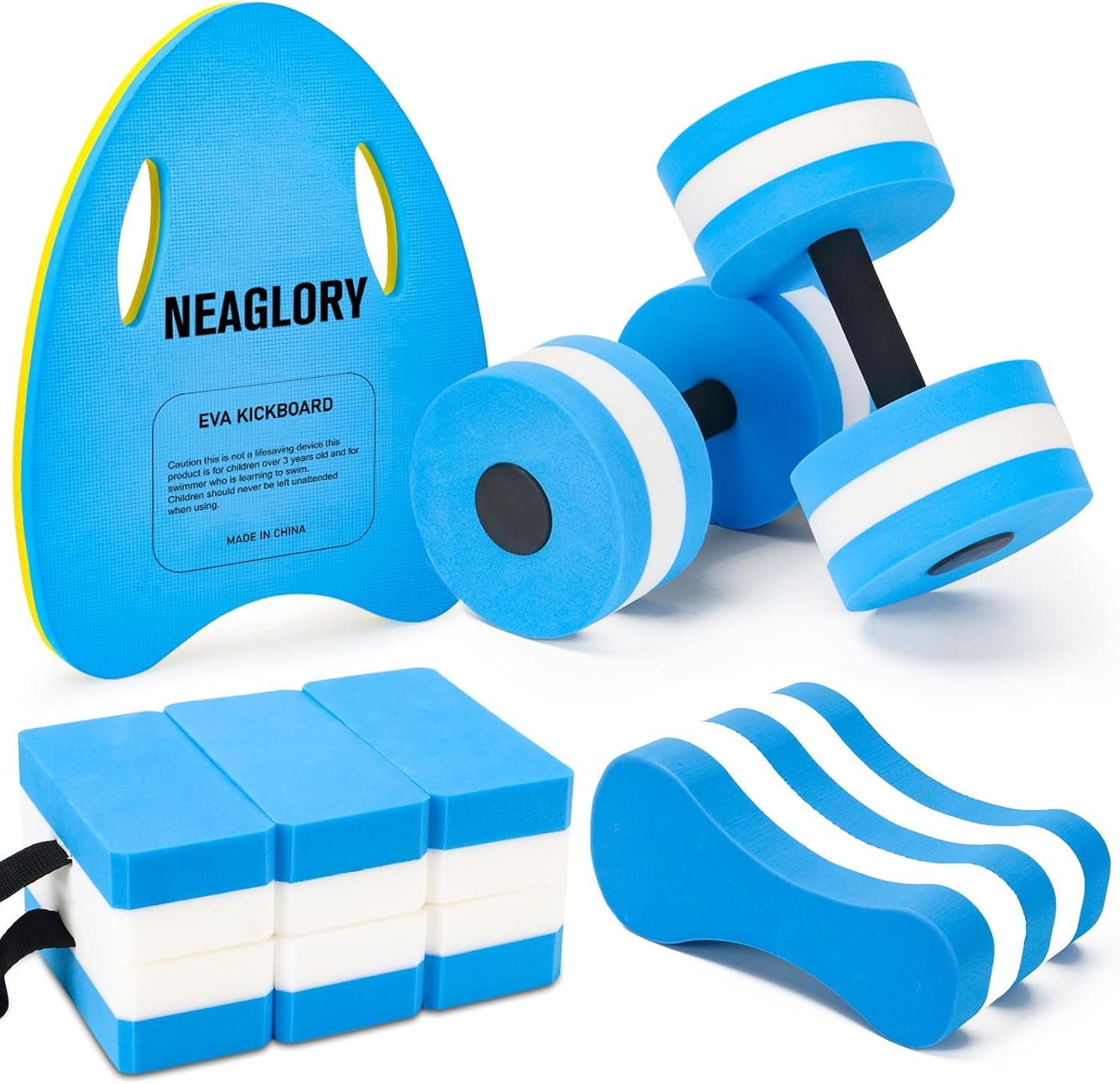71dN84CuMfL._AC_SL1500_.jpg NEAGLORY 5 Pieces Water Aerobics Set, Aquatic Exercise Set Pool Fitness Equipment with Foam Dumbbell, Swim Kickboard, Pull Buoy, Aquatic Swim Belt for Water Workout - Image 1