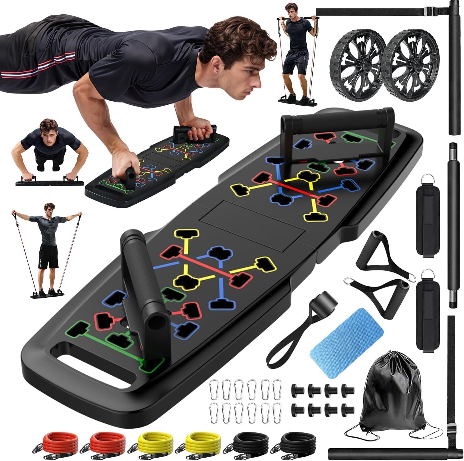 71jbvJKvSgL._AC_SL1500_.jpg Push Up Board,Home Gym,Portable Exercise Equipment,Pilates Bar and 20 Fitness Accessories with Resistance Bands and Ab Roller Wheel,Full Body Workout at Home - Image 1