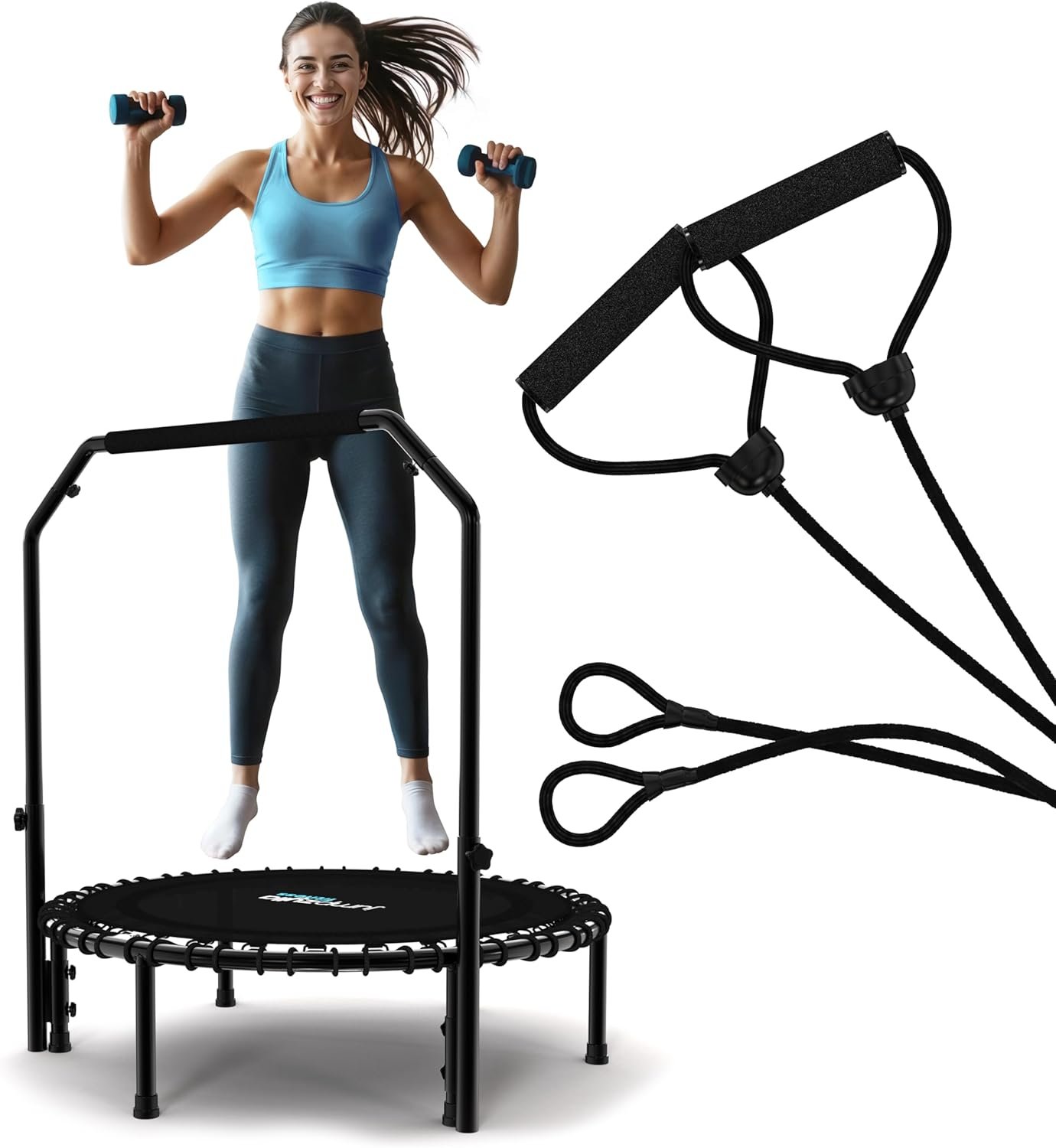 71kEXIRgwGL._AC_SL1500_.jpg Jumpzylla Fitness Trampoline 40" or 48" | Foldable Mini Rebounder Trampoline for Adults with Bar | Durable, Quiet, Low-Impact Exercise Equipment for Indoor and Home Workouts (550 LBS Capacity) - Image 1