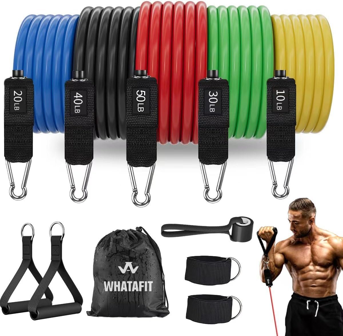71tWTWashCL._AC_SL1200_.jpg WHATAFIT Resistance Bands, Exercise Bands,Resistance Bands for Working Out, Work Out Bands with Handles for Men and Women Fitness, Strength Training Home Gym Equipment - Image 1