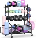 PLKOW Dumbbell Rack, Weight Rack for Dumbbells, Home Gym Storage for Dumbbells Kettlebells Yoga Mat and Balls, All in One Workout Storage with Wheels and Hooks, Powder Coated Finish Steel