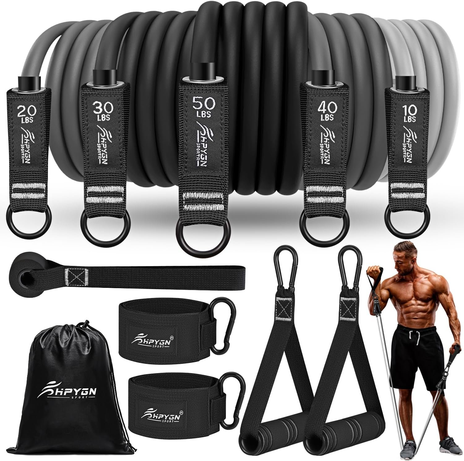 81bDXpV3atL._AC_SL1500_.jpg HPYGN Resistance Bands, Exercise Bands for Working Out, Workout Bands Men, Fitness Band with Handle, Door Anchor, Home Gym Equipment for Musle Training, Physical Therapy, Strength Training, Shape Body - Image 1