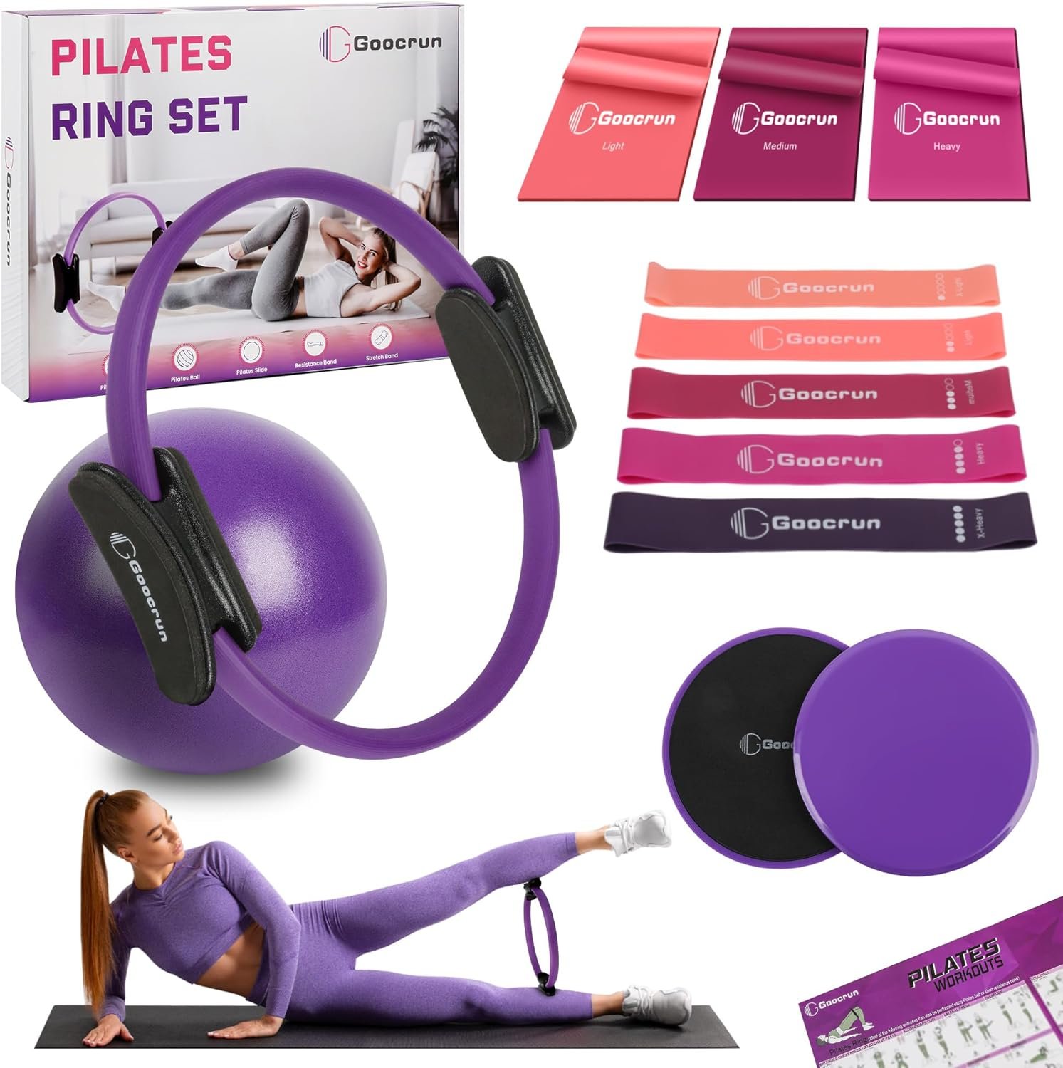 81uf3ygdj6L._AC_SL1500_.jpg Pilates Ring Set Exercise Equipment with Exercise Bands Resistance Bands Set, Pilates Ball, Sliding Disks – Workout Equipment Home Gym Includes Complete Fitness Poster - Image 1