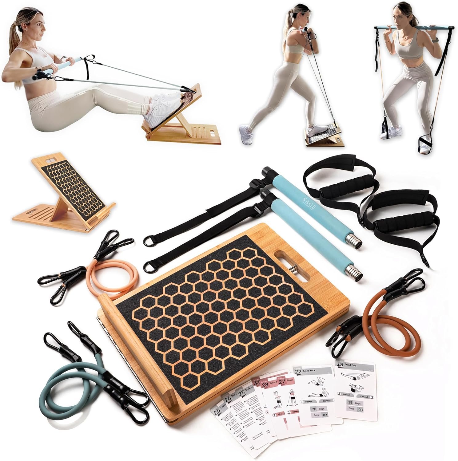 81y0EG1vFBL._AC_SL1500_.jpg 3-in-1 Pilates Workout Kit by Sage London - Premium Bamboo Slant Board, Pilates Bar Kit with Resistance Bands & 54 Exercise Cards for Home Workouts, Calf Stretcher, Squats, and Pilates Training - Image 1